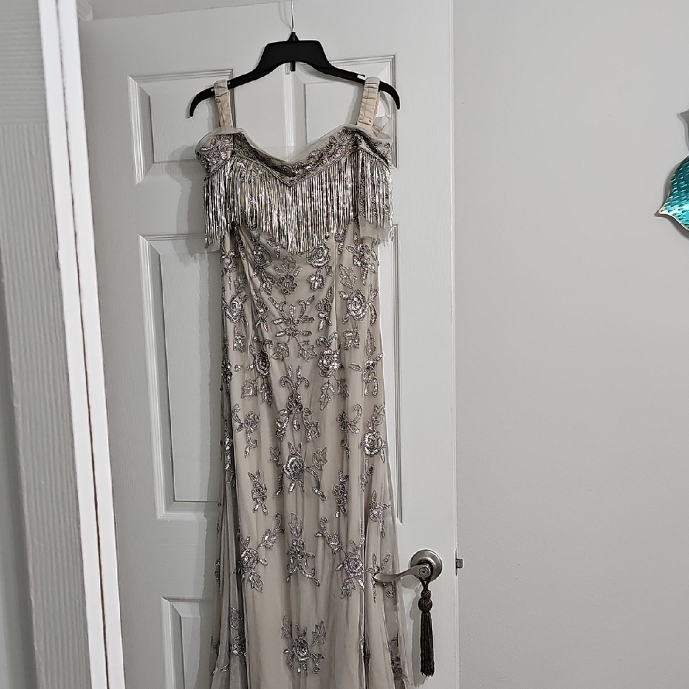 Adrianna Papell Silver and Cream Maxi Dress